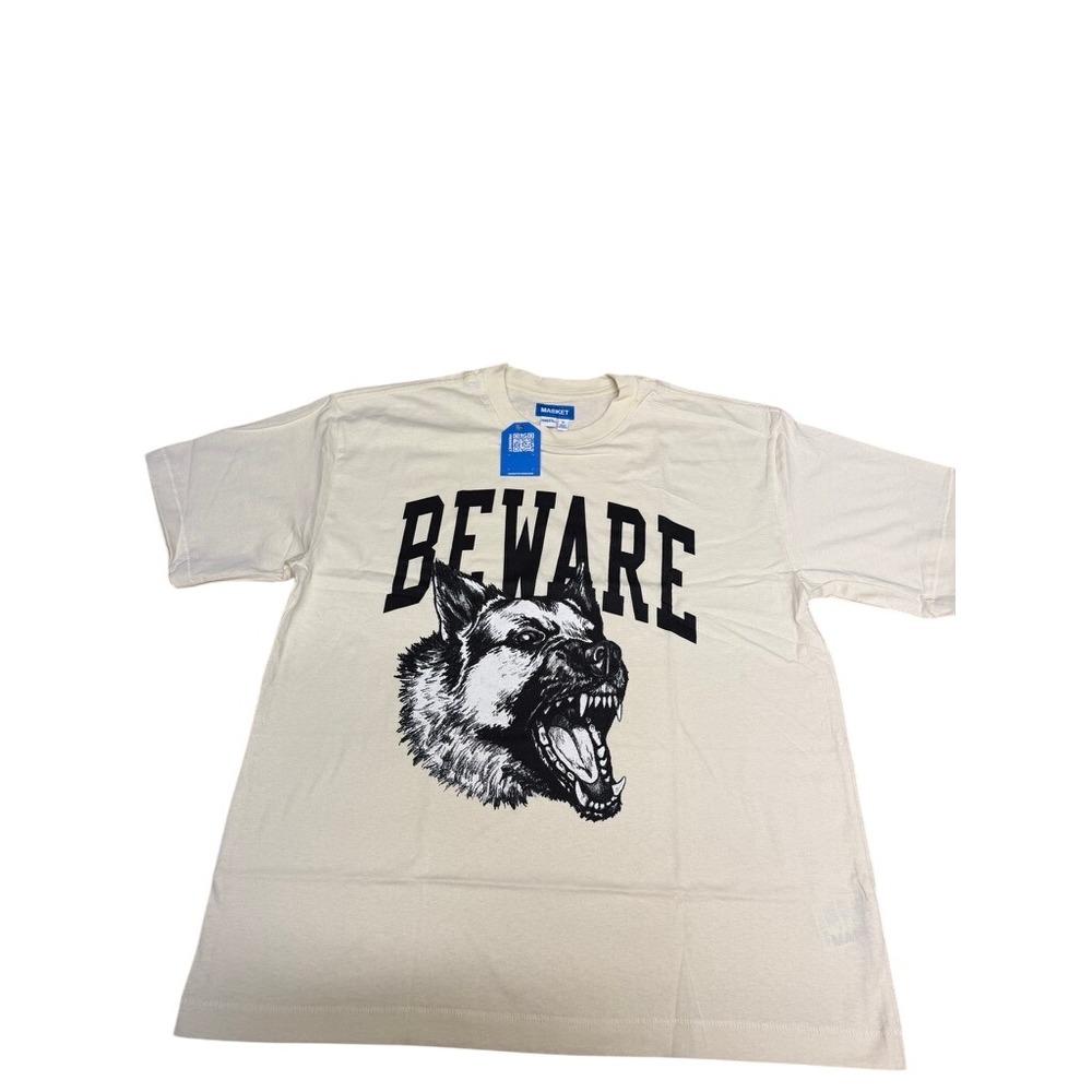 NWT! "Market" Beware German Shepherd Graphic T-Shirt Men XL Cream Streetwear